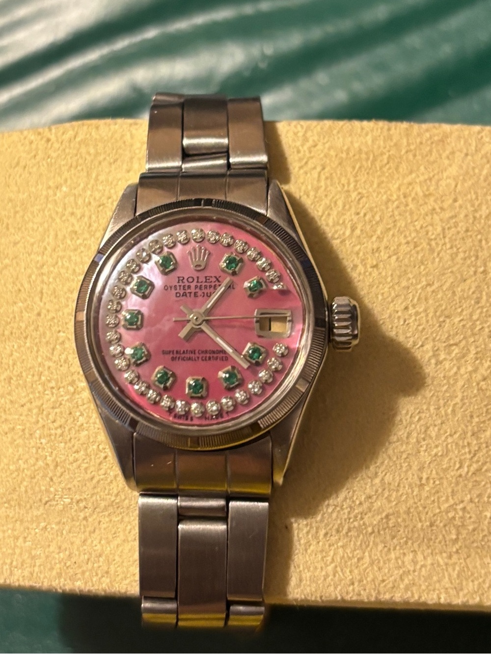 Estate $8000 ROLEX DATEJUST Pink MOP Emerald Diamond SS Ladies Watch - Picture 4 of 15